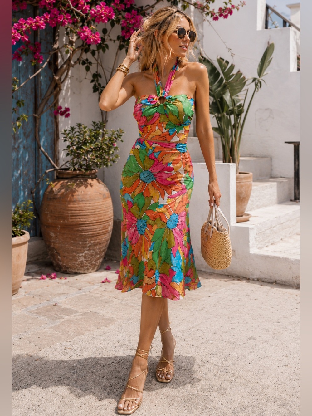 Rachel Zoe Floral Matching Set | Resort Vacation Skirt & Halter Top | Colorful